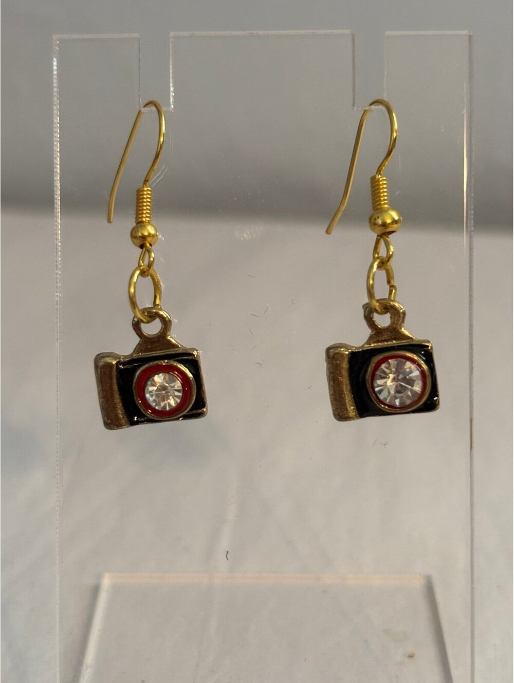 Gold Tone Camera Charm Dangle Earrings